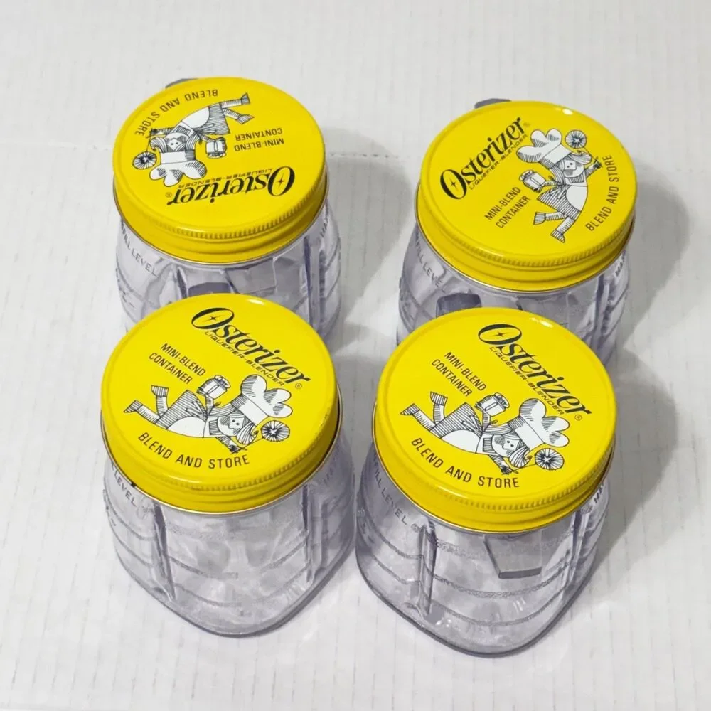 4 Vtg Osterizer Blend &  Store Mini Container / Jar 8oz Yellow Metal Lid Clean!